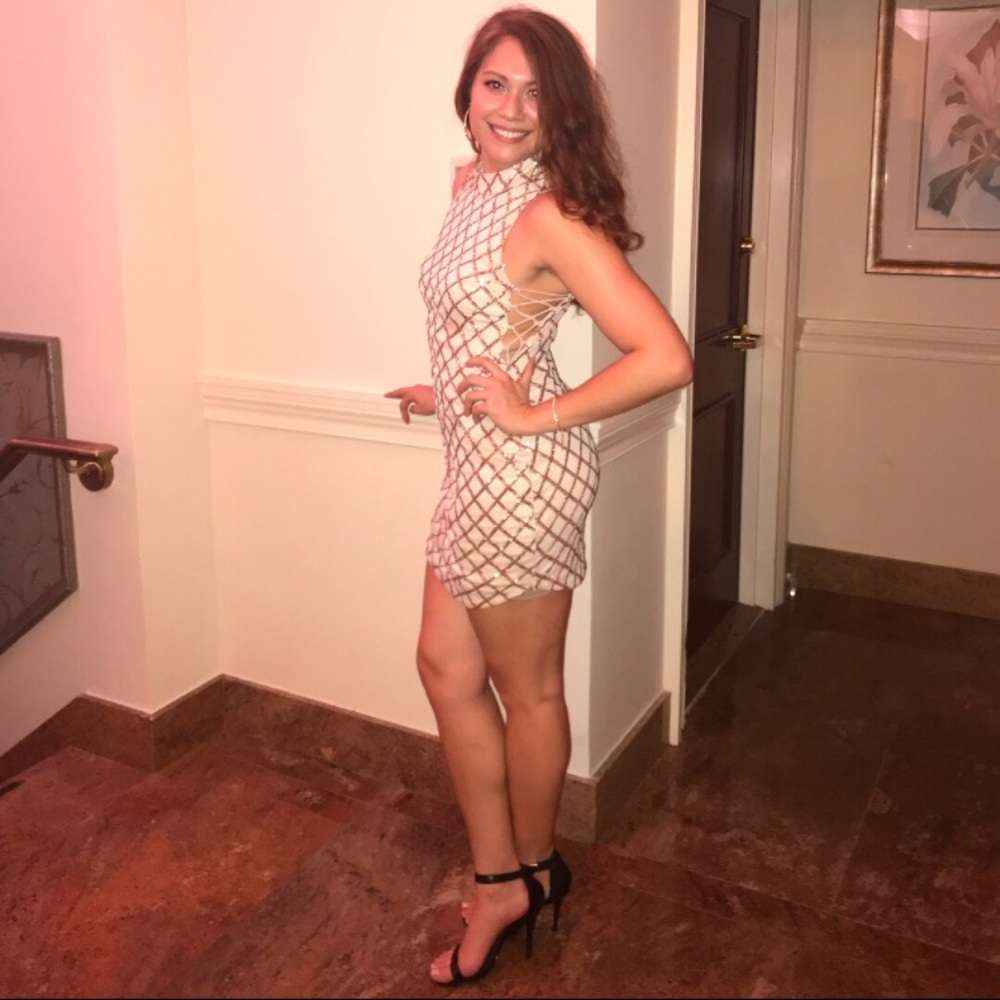 Gold sequins high neck mini dress